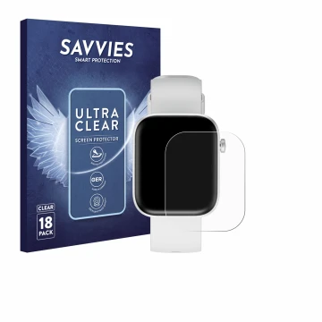 Front side of a product packaging with the brand logo Savvies. Next to it is the device HMD Watch P1 shown with the correspond
