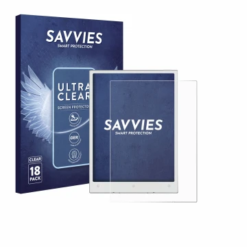 Front side of a product packaging with the brand logo Savvies. Next to it is the device Viwoods AiPaper Mini shown with the co