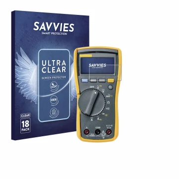 Front side of a product packaging with the brand logo Savvies. Next to it is the device Fluke 115 shown with the corresponding