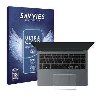 Front side of a product packaging with the brand logo Savvies. Next to it is the device Samsung Galaxy Book5 Pro 16