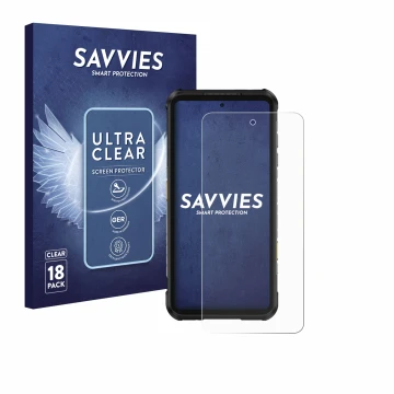 Front side of a product packaging with the brand logo Savvies. Next to it is the device Ulefone RugOne Xever 7 Pro shown with 