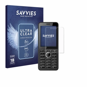 Front side of a product packaging with the brand logo Savvies. Next to it is the device Energizer E288S shown with the corresp