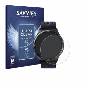 Front side of a product packaging with the brand logo Savvies. Next to it is the device Reebok Pulse Smartwatch shown with the