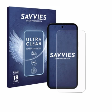 Front side of a product packaging with the brand logo Savvies. Next to it is the device Google Pixel 10a shown with the corres