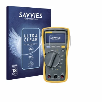 Front side of a product packaging with the brand logo Savvies. Next to it is the device Fluke MultiMeter 113 shown with the co