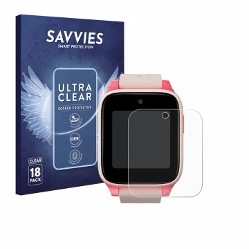Front side of a product packaging with the brand logo Savvies. Next to it is the device TCL Movetime Kids Watch MT46 shown wit