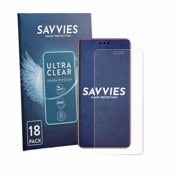 Front side of a product packaging with the brand logo Savvies. Next to it is the device Huawei Mate 60 RS Ultimate shown with 