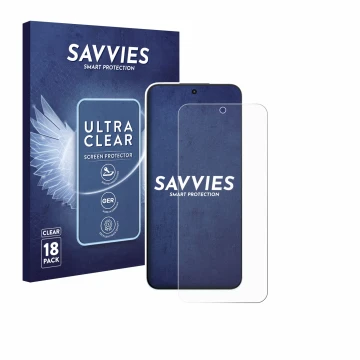 Front side of a product packaging with the brand logo Savvies. Next to it is the device Oppo A6s Pro shown with the correspond