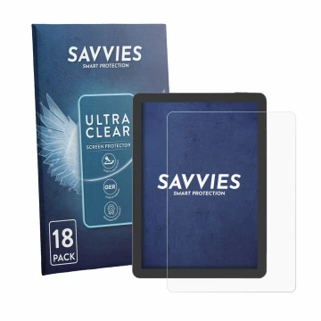 Front side of a product packaging with the brand logo Savvies. Next to it is the device Bigme B6 Pro shown with the correspond