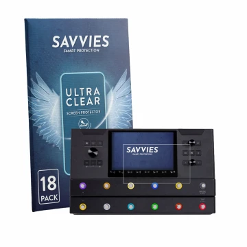 Front side of a product packaging with the brand logo Savvies. Next to it is the device Line 6 Helix Stadium Floor shown with 