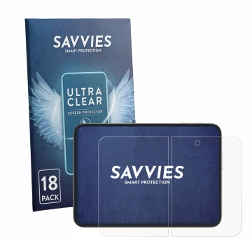 Front side of a product packaging with the brand logo Savvies. Next to it is the device Apple iPhone Duo (Inner display) shown