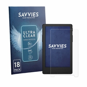 Front side of a product packaging with the brand logo Savvies. Next to it is the device Xteink X4 Classic (X4 V2) shown with t