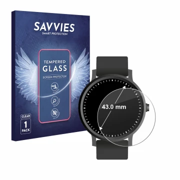 Front side of a product packaging with the brand logo Savvies. Next to it is the device Watches (Circular, ø: 43 mm) shown wit