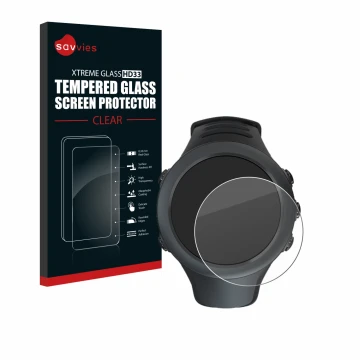 Front side of a product packaging with the brand logo Savvies. Next to it is the device Suunto Ambit3 Sport Black shown with t