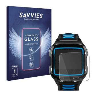 Front side of a product packaging with the brand logo Savvies. Next to it is the device Garmin Forerunner 920XT shown with the