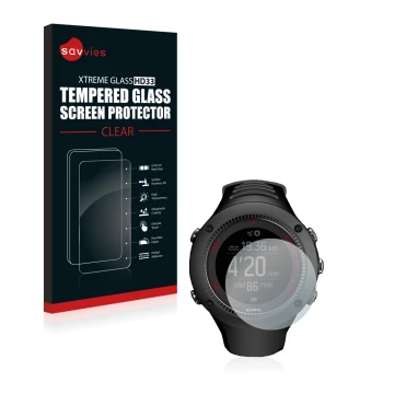 Front side of a product packaging with the brand logo Savvies. Next to it is the device Suunto Ambit3 Run Black shown with the