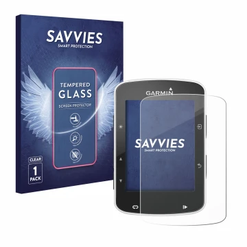 Front side of a product packaging with the brand logo Savvies. Next to it is the device Garmin Edge 520 shown with the corresp