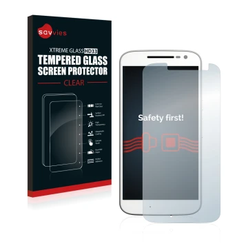 Front side of a product packaging with the brand logo Savvies. Next to it is the device Motorola Moto G4 shown with the corres