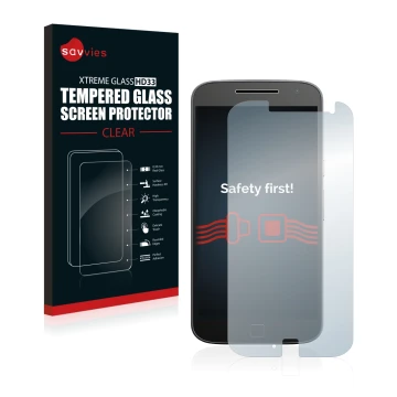 Front side of a product packaging with the brand logo Savvies. Next to it is the device Motorola Moto G4 Plus shown with the c