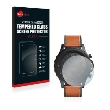 Front side of a product packaging with the brand logo Savvies. Next to it is the device Fossil Q Nate shown with the correspon