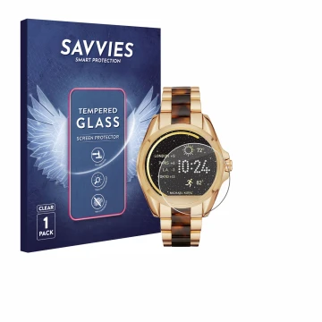 Front side of a product packaging with the brand logo Savvies. Next to it is the device Michael Kors Access Bradshaw shown wit