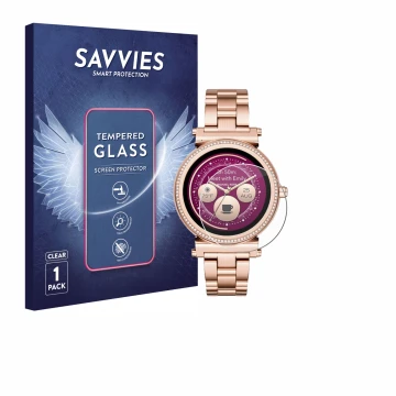 Front side of a product packaging with the brand logo Savvies. Next to it is the device Michael Kors Access Sofie shown with t