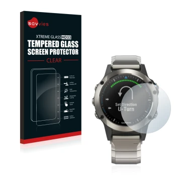 Front side of a product packaging with the brand logo Savvies. Next to it is the device Garmin quatix 5 shown with the corresp