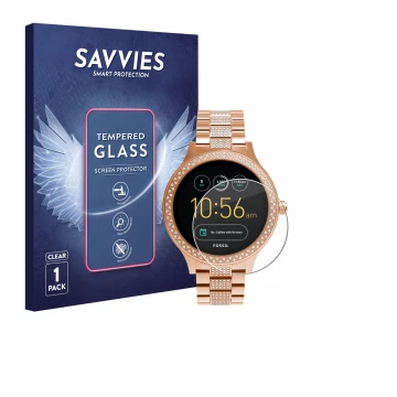 Front side of a product packaging with the brand logo Savvies. Next to it is the device Fossil Q Venture shown with the corres