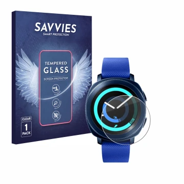 Front side of a product packaging with the brand logo Savvies. Next to it is the device Samsung Gear Sport shown with the corr
