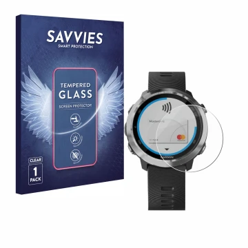 Front side of a product packaging with the brand logo Savvies. Next to it is the device Garmin Forerunner 645 shown with the c