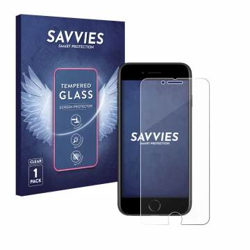 Front side of a product packaging with the brand logo Savvies. Next to it is the device Apple iPhone SE 2 2020 shown with the 