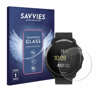 Front side of a product packaging with the brand logo Savvies. Next to it is the device Suunto 3 Fitness shown with the corres