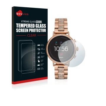 Front side of a product packaging with the brand logo Savvies. Next to it is the device Fossil Q Venture HR (4.Gen) shown with