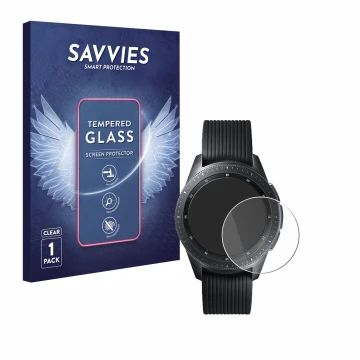 Front side of a product packaging with the brand logo Savvies. Next to it is the device Samsung Galaxy Watch (42 mm) shown wit