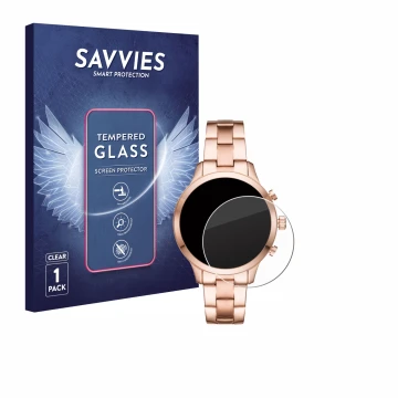 Front side of a product packaging with the brand logo Savvies. Next to it is the device Michael Kors Access Runway (41 mm) sho