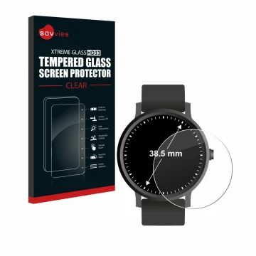 Front side of a product packaging with the brand logo Savvies. Next to it is the device Watches (Circular, ø: 38.5 mm) shown w