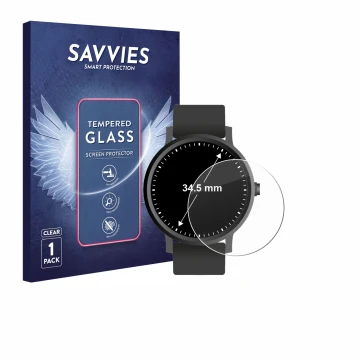 Front side of a product packaging with the brand logo Savvies. Next to it is the device Watches (Circular, ø: 34.5 mm) shown w