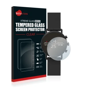Front side of a product packaging with the brand logo Savvies. Next to it is the device Skagen Smartwatch Falster 2 shown with