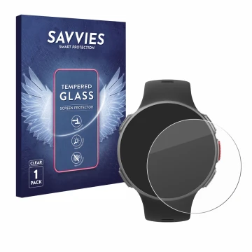 Front side of a product packaging with the brand logo Savvies. Next to it is the device Polar Vantage V shown with the corresp