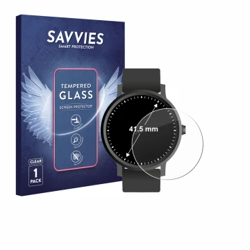 Front side of a product packaging with the brand logo Savvies. Next to it is the device Watches (Circular, ø: 41.5 mm) shown w
