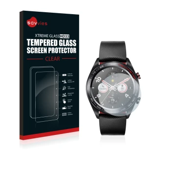 Front side of a product packaging with the brand logo Savvies. Next to it is the device Honor Watch Magic shown with the corre