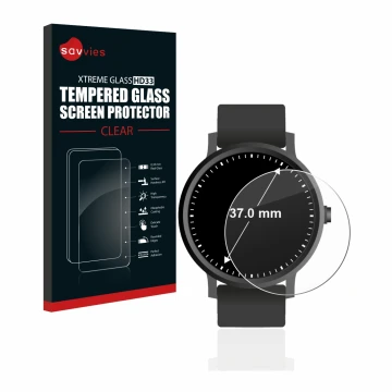 Front side of a product packaging with the brand logo Savvies. Next to it is the device Circular Displays (ø: 37 mm) shown wit