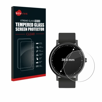 Front side of a product packaging with the brand logo Savvies. Next to it is the device Circular Displays (ø: 38 mm) shown wit