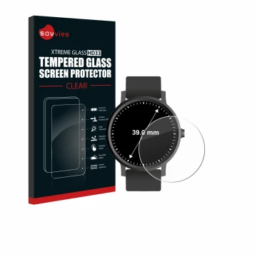 Front side of a product packaging with the brand logo Savvies. Next to it is the device Circular Displays (ø: 39 mm) shown wit