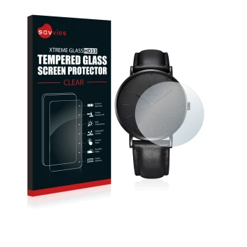 Front side of a product packaging with the brand logo Savvies. Next to it is the device Alienwork IK Watch (36 mm) shown with 