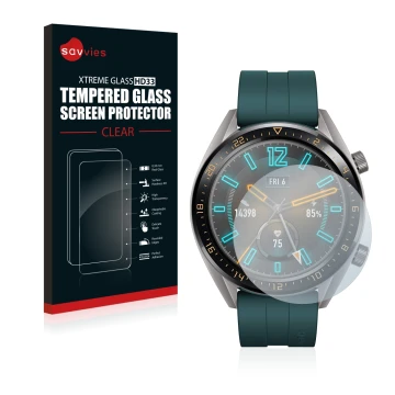 Front side of a product packaging with the brand logo Savvies. Next to it is the device Huawei Watch GT Active shown with the 
