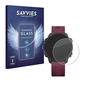 Front side of a product packaging with the brand logo Savvies. Next to it is the device Garmin Forerunner 245 shown with the c