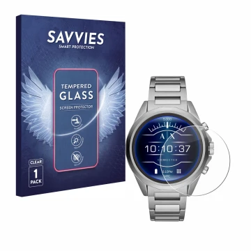 Front side of a product packaging with the brand logo Savvies. Next to it is the device Emporio Armani Connected Exchange AXT2