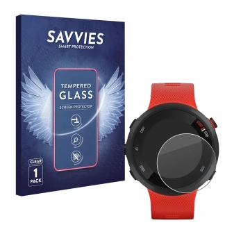 Front side of a product packaging with the brand logo Savvies. Next to it is the device Garmin Forerunner 45 shown with the co