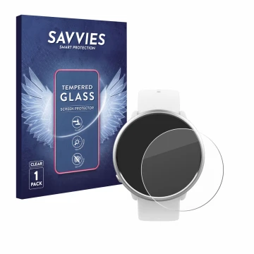 Front side of a product packaging with the brand logo Savvies. Next to it is the device Polar Ignite shown with the correspond